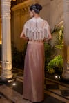 Shop_Farha Syed_Peach Net, Chiffon, Tissue Pearls, Embroidered Cape Bustier Drape Skirt Set _at_Aza_Fashions