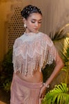 Farha Syed_Peach Net, Chiffon, Tissue Pearls, Embroidered Cape Bustier Drape Skirt Set _at_Aza_Fashions