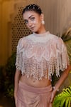 Buy_Farha Syed_Peach Net, Chiffon, Tissue Pearls, Embroidered Cape Bustier Drape Skirt Set 