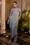 Farha Syed_Blue Tissue, Chiffon Stones, Pearls, Ice Embroidered Kurta And Drape Skirt Set _at_Aza_Fashions