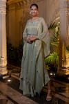 Farha Syed_Green Crepe, Tissue, Chiffon Embroidery, Beads, Zari, Pearls, Mint Kaftan Set _Online_at_Aza_Fashions