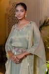 Farha Syed_Green Crepe, Tissue, Chiffon Embroidery, Beads, Zari, Pearls, Mint Kaftan Set _at_Aza_Fashions