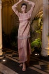 Buy_Farha Syed_Peach Chiffon, Tissue Pearls, Sequins Round Neck Pink Kurta With Draped Skirt _Online_at_Aza_Fashions