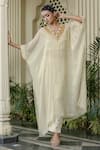Farha Syed_Ivory Chiffon, Tissue, Brocade Embroidery, Pearls, Beads, Beige Kaftan Set _at_Aza_Fashions
