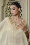 Buy_Farha Syed_Ivory Chiffon, Tissue, Brocade Embroidery, Pearls, Beads, Beige Kaftan Set 