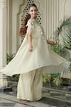 Buy_Farha Syed_Ivory Chiffon, Tissue Mirrors, Pearls, Cut Work V-neck Beige Kaftan Palazzo Set _Online_at_Aza_Fashions
