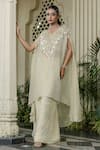Buy_Farha Syed_Ivory Chiffon, Tissue Mirrors, Pearls, Cut Work V-neck Beige Kaftan Palazzo Set _at_Aza_Fashions