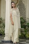 Shop_Farha Syed_Ivory Chiffon, Tissue Mirrors, Pearls, Cut Work V-neck Beige Kaftan Palazzo Set _Online_at_Aza_Fashions