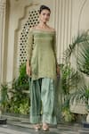 Shop_Farha Syed_Green Chiffon, Silk, Tulle Embroidery, Pearls Kurta Farshi Shalwar Set 