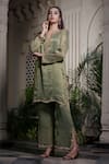 Shop_Farha Syed_Green Chiffon Stones, Pearls, Cut Work V-neck Hand Embroidered Kurta Set _Online_at_Aza_Fashions