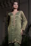 Shop_Farha Syed_Green Chiffon Stones, Pearls, Cut Work V-neck Hand Embroidered Kurta Set 