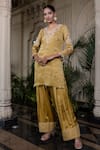 Buy_Farha Syed_Yellow Tissue, Chiffon, Silk, Satin, Tulle Pearls, Hand Embroidered Kurta Set 