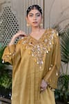 Farha Syed_Yellow Chiffon, Tissue Mirrors, Pearls, Cut Work Hand Embroidered Kaftan Set _at_Aza_Fashions