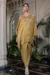 Farha Syed_Yellow Chiffon, Tissue Mirrors, Pearls, Cut Work Hand Embroidered Kaftan Set _Online