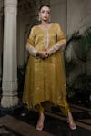 Buy_Farha Syed_Yellow Tissue, Chiffon, Satin, Tulle Sequins, Pearls, Hand Embroidered Kurta Set _at_Aza_Fashions