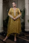 Shop_Farha Syed_Yellow Tissue, Chiffon, Satin, Tulle Sequins, Pearls, Hand Embroidered Kurta Set _Online_at_Aza_Fashions