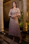 Farha Syed_Rose Gold Tissue, Chiffon, Shantoon Embroidery, Champagne Kaftan Dress Set _at_Aza_Fashions