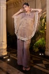 Farha Syed_Rose Gold Tissue, Chiffon, Shantoon Pearls, Sequins Champagne Kaftan Pant Set _at_Aza_Fashions