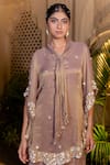 Buy_Farha Syed_Rose Gold Tissue, Chiffon, Shantoon Pearls, Sequins Champagne Kaftan Pant Set 