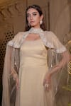 Buy_Farha Syed_Ivory Tissue, Chiffon Zari Round Neck Beige Designer Gown And Cape Set _Online_at_Aza_Fashions