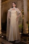 Shop_Farha Syed_Ivory Tissue, Chiffon Zari Round Neck Beige Designer Gown And Cape Set _at_Aza_Fashions