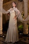 Shop_Farha Syed_Ivory Tissue, Chiffon Zari Round Neck Beige Designer Gown And Cape Set _Online_at_Aza_Fashions