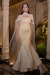 Farha Syed_Ivory Tissue, Chiffon Zari Round Neck Beige Designer Gown And Cape Set _at_Aza_Fashions