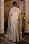 Farha Syed_Ivory Tissue, Chiffon Zari Round Neck Beige Designer Gown And Cape Set _Online_at_Aza_Fashions