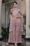 Buy_Farha Syed_Peach Net, Chiffon Sequins, Zari, Pearls V-neck Pink Embellished Sharara Set _Online_at_Aza_Fashions