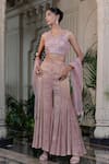 Shop_Farha Syed_Peach Net, Chiffon Sequins, Zari, Pearls V-neck Pink Embellished Sharara Set _Online_at_Aza_Fashions
