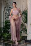 Shop_Farha Syed_Peach Net, Chiffon Sequins, Zari, Pearls V-neck Pink Embellished Sharara Set _at_Aza_Fashions
