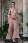 Farha Syed_Peach Net, Chiffon Sequins, Zari, Pearls V-neck Pink Embellished Sharara Set _at_Aza_Fashions