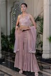 Farha Syed_Peach Net, Chiffon Sequins, Zari, Pearls V-neck Pink Embellished Sharara Set _Online