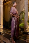Farha Syed_Lavender Chiffon, Tissue, Brocade Pearls, Sequins V-neck Kaftan And Pant Set _at_Aza_Fashions