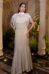 Buy_Farha Syed_Ivory Tissue, Chiffon Pearls, Sequins High Neck Beige Fishcut Gown With Cape _at_Aza_Fashions