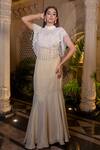 Farha Syed_Ivory Tissue, Chiffon Pearls, Sequins High Neck Beige Fishcut Gown With Cape _Online_at_Aza_Fashions