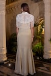 Shop_Farha Syed_Ivory Tissue, Chiffon Pearls, Sequins High Neck Beige Fishcut Gown With Cape _at_Aza_Fashions