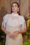 Buy_Farha Syed_Ivory Tissue, Chiffon Pearls, Sequins High Neck Beige Fishcut Gown With Cape _Online_at_Aza_Fashions