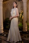Farha Syed_Ivory Tissue, Chiffon Pearls, Sequins Round Neck Beige Fishcut Gown With Cape _Online_at_Aza_Fashions
