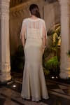 Shop_Farha Syed_Ivory Tissue, Chiffon Pearls, Sequins Round Neck Beige Fishcut Gown With Cape _at_Aza_Fashions