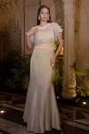 Buy_Farha Syed_Ivory Tissue, Taffeta Pearls, Sequins Round Neck Beige Fishcut Gown And Cape Set _Online_at_Aza_Fashions