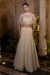 Buy_Farha Syed_Ivory Chiffon, Tissue, Taffeta Pearls, Sequins Beige Cape Lehenga Bustier Set _at_Aza_Fashions