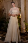 Shop_Farha Syed_Ivory Chiffon, Tissue, Taffeta Pearls, Sequins Beige Cape Lehenga Bustier Set _Online_at_Aza_Fashions