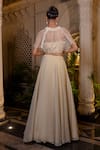 Farha Syed_Ivory Chiffon, Tissue, Taffeta Pearls, Sequins Beige Cape Lehenga Bustier Set _Online_at_Aza_Fashions