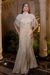 Buy_Farha Syed_Ivory Tissue, Chiffon Pearls, Sequins High Beige Hand Embroidered Gown And Cape _at_Aza_Fashions