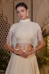 Shop_Farha Syed_Ivory Tissue, Chiffon, Taffeta Pearls, Sequins, Cut Work Beige Cape Lehenga Set _Online_at_Aza_Fashions