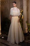 Buy_Farha Syed_Ivory Tissue, Chiffon Pearls, Sequins, Cut Work Round Beige Cape Lehenga Set _Online_at_Aza_Fashions