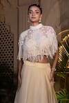 Shop_Farha Syed_Ivory Tissue, Chiffon Pearls, Sequins, Cut Work Round Beige Cape Lehenga Set _Online_at_Aza_Fashions
