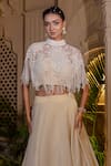 Farha Syed_Ivory Tissue, Chiffon Pearls, Sequins, Cut Work Round Beige Cape Lehenga Set _at_Aza_Fashions