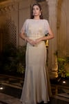 Farha Syed_Ivory Tissue, Chiffon Pearls, Sequins Round Neck Beige Fishcut Gown With Cape _Online_at_Aza_Fashions